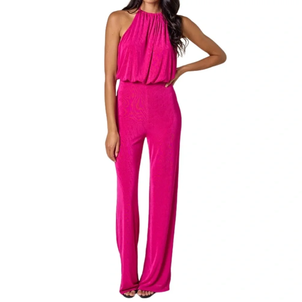 Blue Blush Vibrant Pink Halter Jumpsuit - Picture 1 of 13